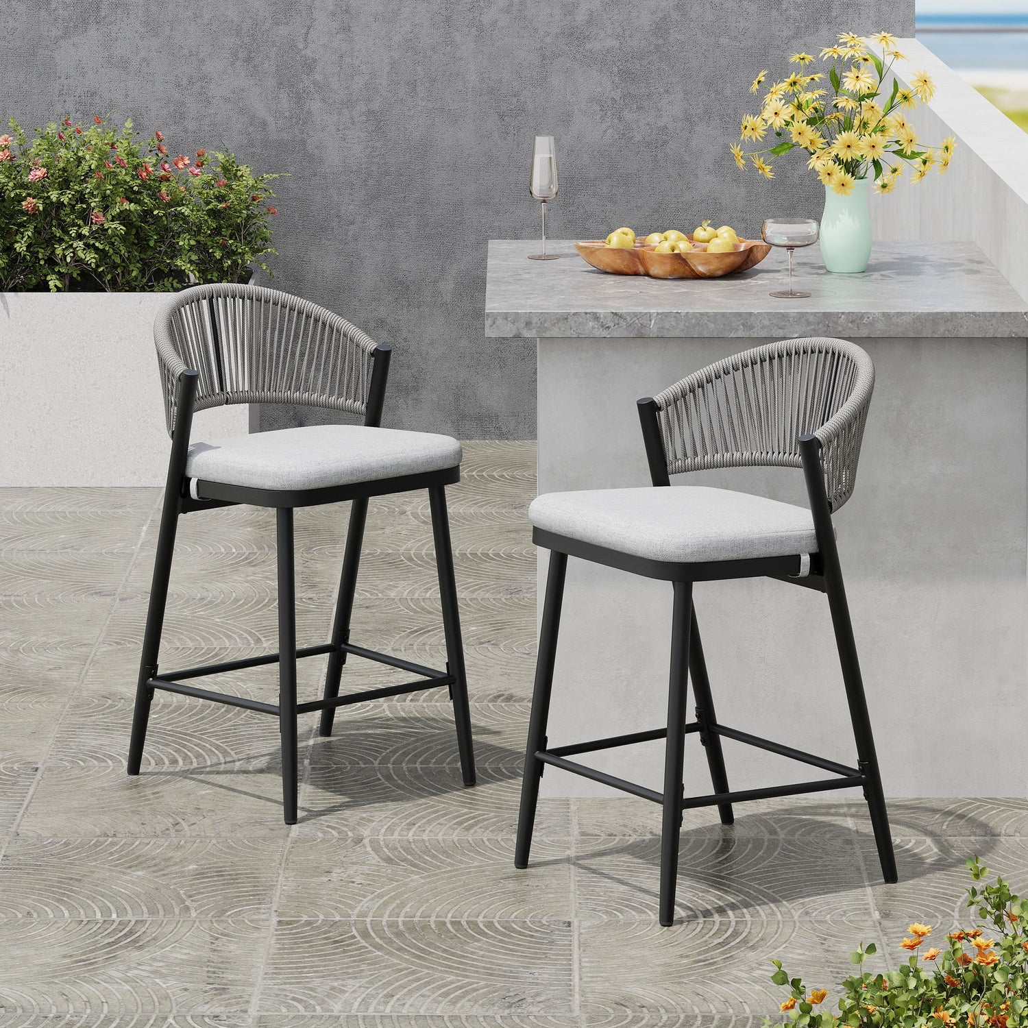 Outdoor 26&quot; Counter Height Metal Frame Counter Stools With Scallop Shaped Backrest &amp; Water Resistant Cushions
