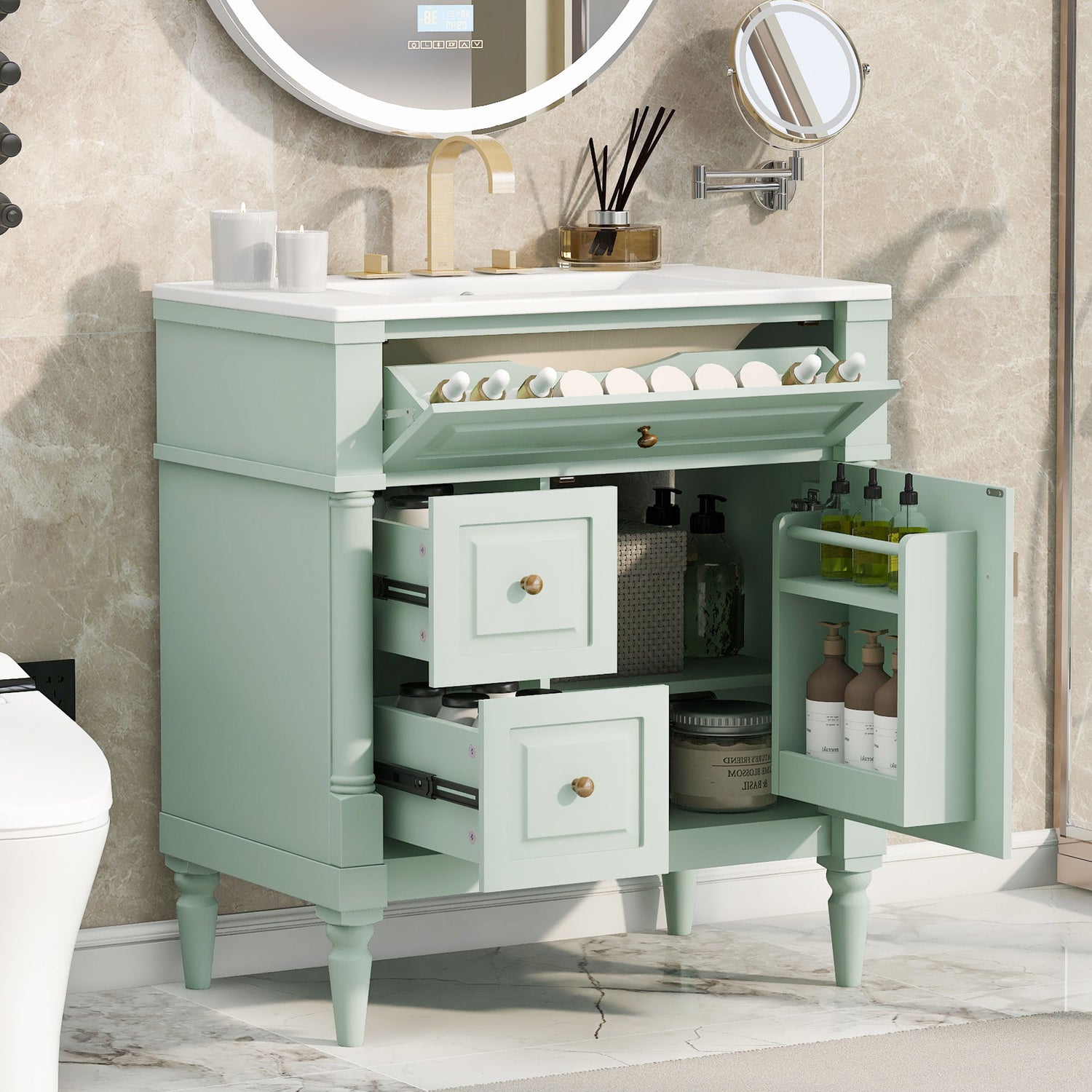 Modern Bathroom Vanity With Sink, Freestanding Cabinet With Flip Drawer &amp; Adjustable Shelf