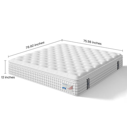 12" King Hybrid Mattress, Memory Foam &amp; Pocket Spring Bed, Medium Firm Comfort, Spine Support, Quiet &amp; Breathable - White