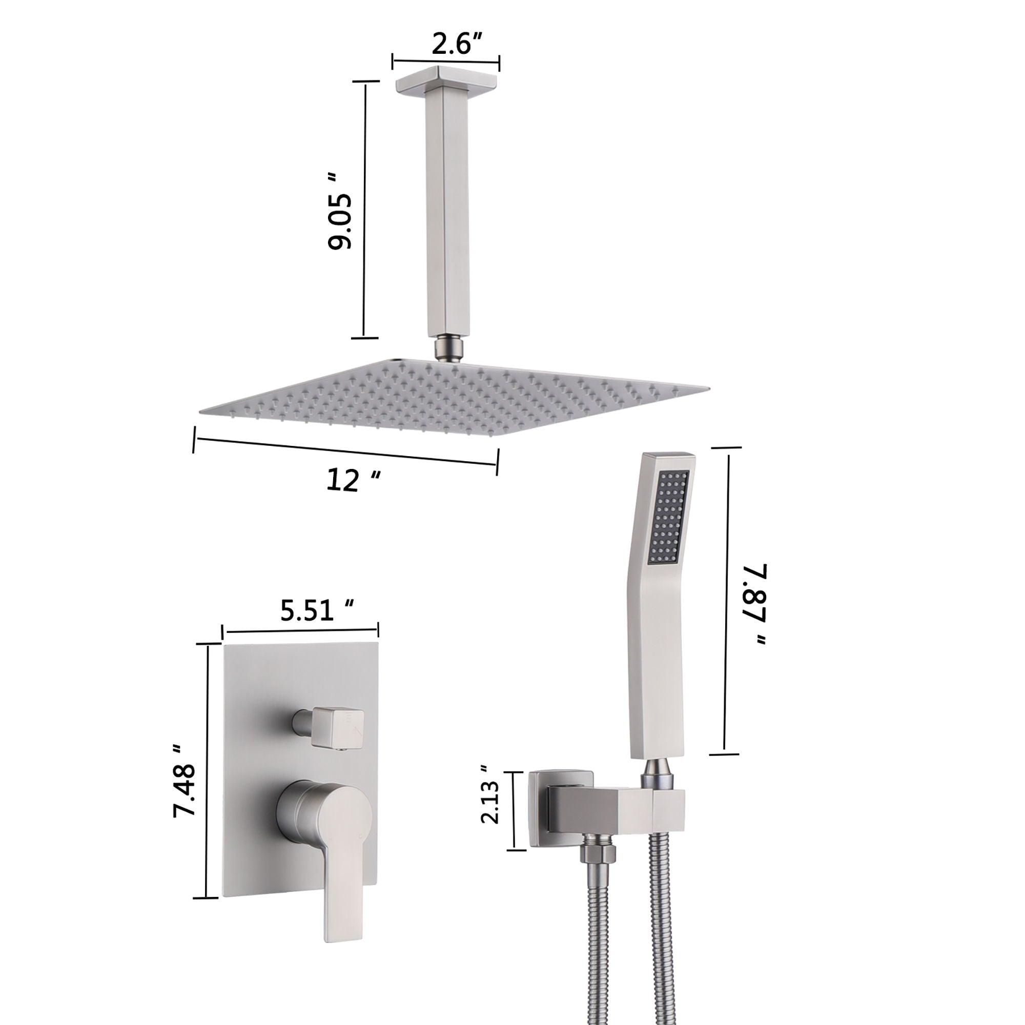 Luxury 12&quot; Ceiling Mount Rainfall Shower System With Brass And Stainless Steel - Brushed Nickel