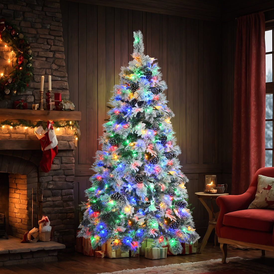 6FT Pre-Lit Spruce Snow Flocked Christmas Tree with Pine Cones, Artificial Xmas Tree with 403 Branch Tips,Mixed PE &amp; PVC Branches, 250 Multi-Color LED Lights, 11 Flashing Modes, Holiday Décor