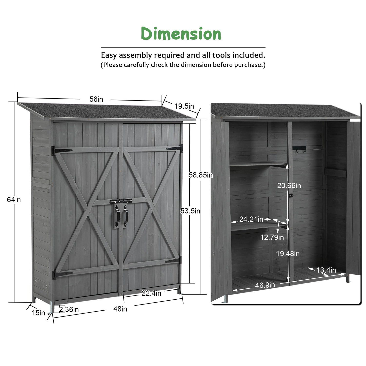 Outdoor Storage Shed With Lockable Door, Wooden Tool Storage Shed With Detachable Shelves &amp; Pitch Roof