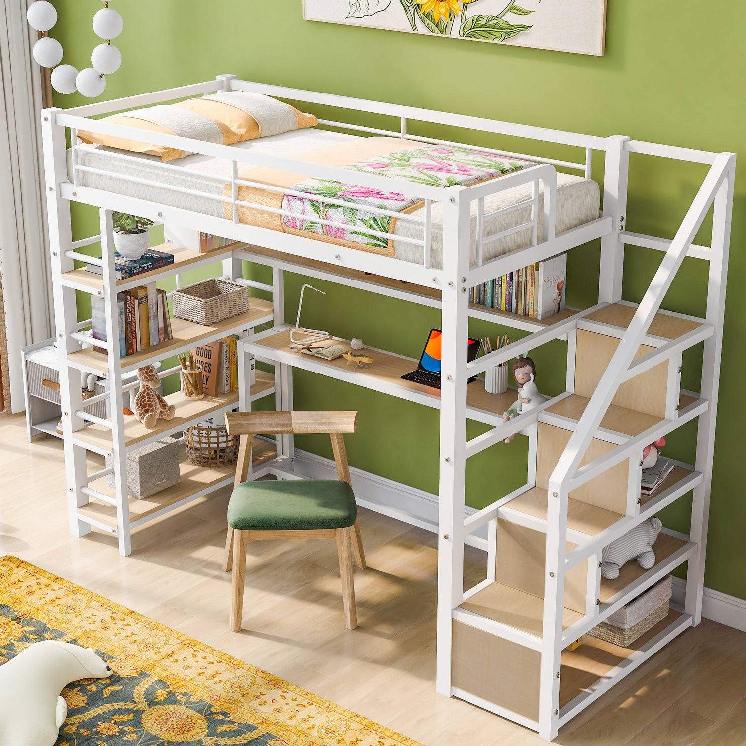 Twin Size Loft Bed With Built In Desk, Staircase Storage &amp; 4 Tier Shelves - White