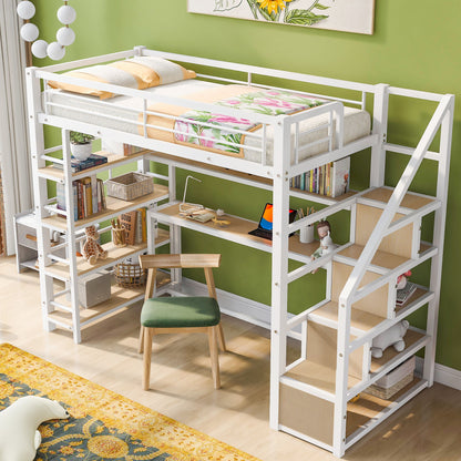 Twin Size Loft Bed With Built In Desk, Staircase Storage &amp; 4 Tier Shelves - White