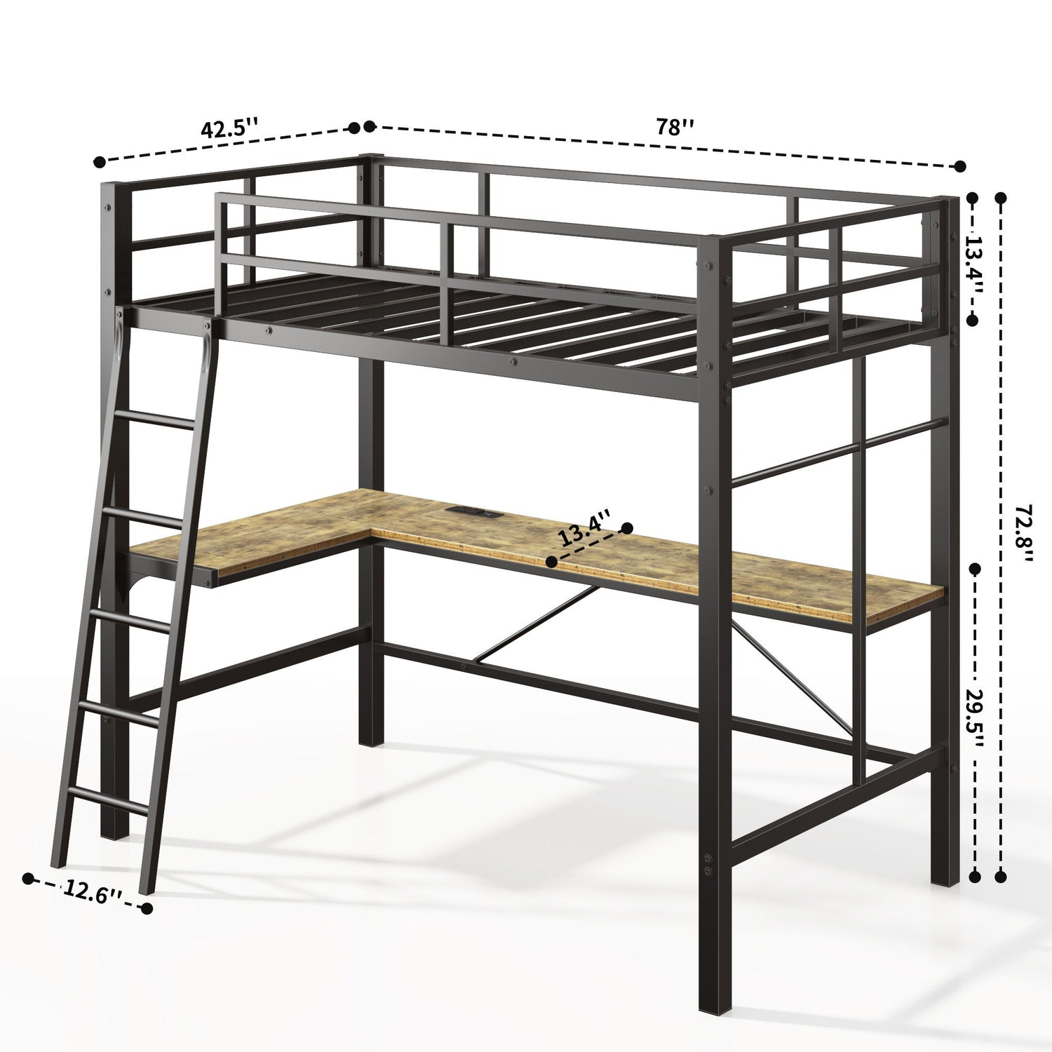 Twin Metal Loft Bed With L - Shaped Desk, Charging Station Loft Bed Frame Twin Size, Safety Guard &amp; Ladder, No Box Spring Needed - Black