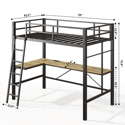 Twin Metal Loft Bed With L - Shaped Desk, Charging Station Loft Bed Frame Twin Size, Safety Guard &amp; Ladder, No Box Spring Needed - Black