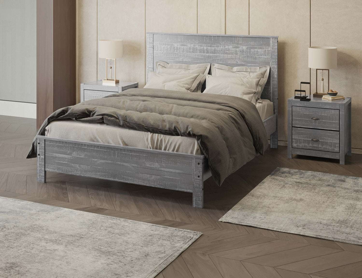Albany 3 Piece Queen Bed Set, Heavy Duty Solid Wood Queen Size Bed Frame with Bedside Table Set of 2, Grey