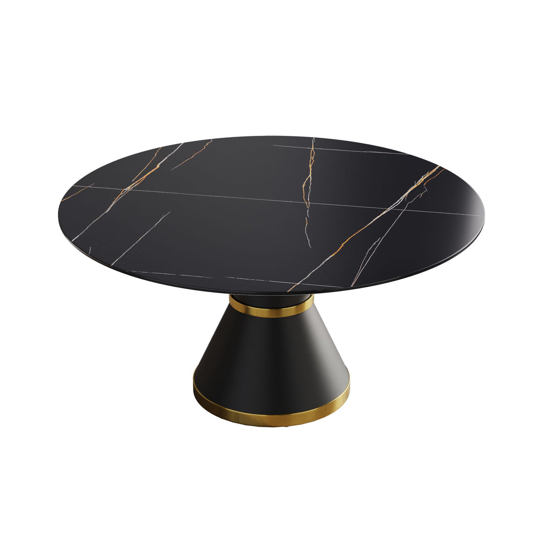 59.05&quot; Modern Artificial Stone Round Black Carbon Steel Base Dining Table, Can Accommodate 6 People - Black