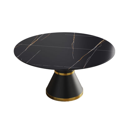 59.05&quot; Modern Artificial Stone Round Black Carbon Steel Base Dining Table, Can Accommodate 6 People - Black
