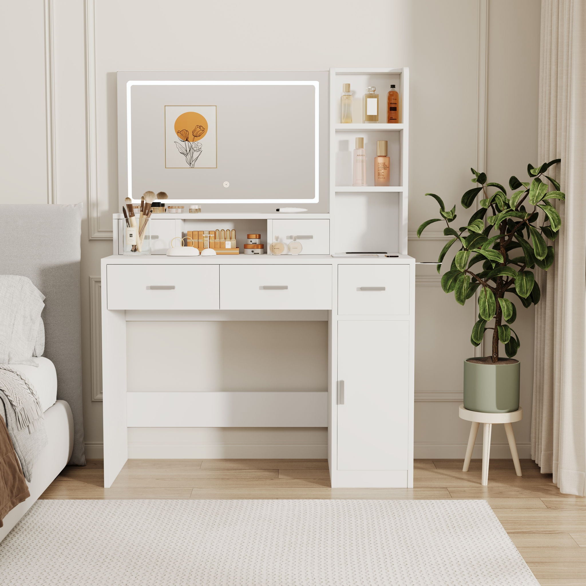 40.95&quot; Newly Designed Smart Mirror Dressing Table With Drawers And Storage Cabinet, Dressing Table With Dressing Pad For Bedroom, Dressing Room