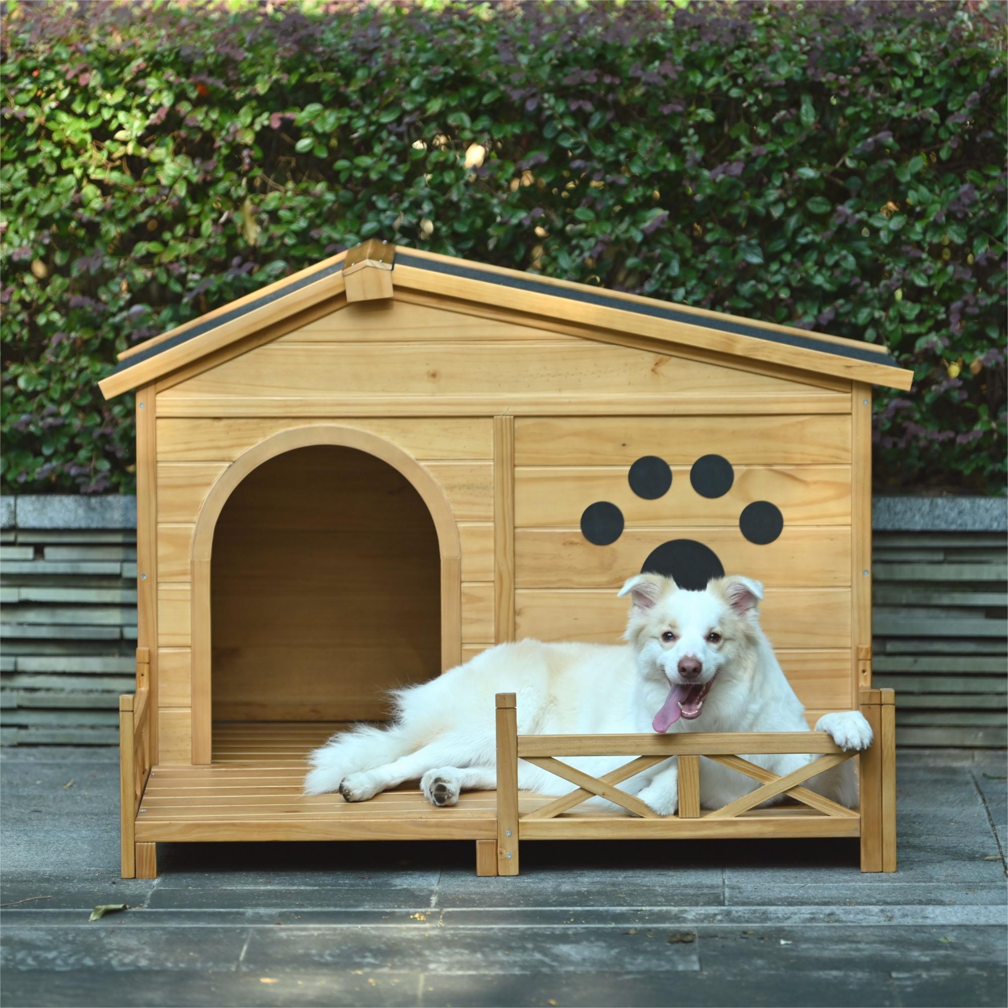 Wooden Dog House Outdoor With Porch, Dog Kennel With Water Resistant Asphalt Roof And Fencing, Indoor &amp; Outdoor Dog Crate With Paw Print, Medium - Nature