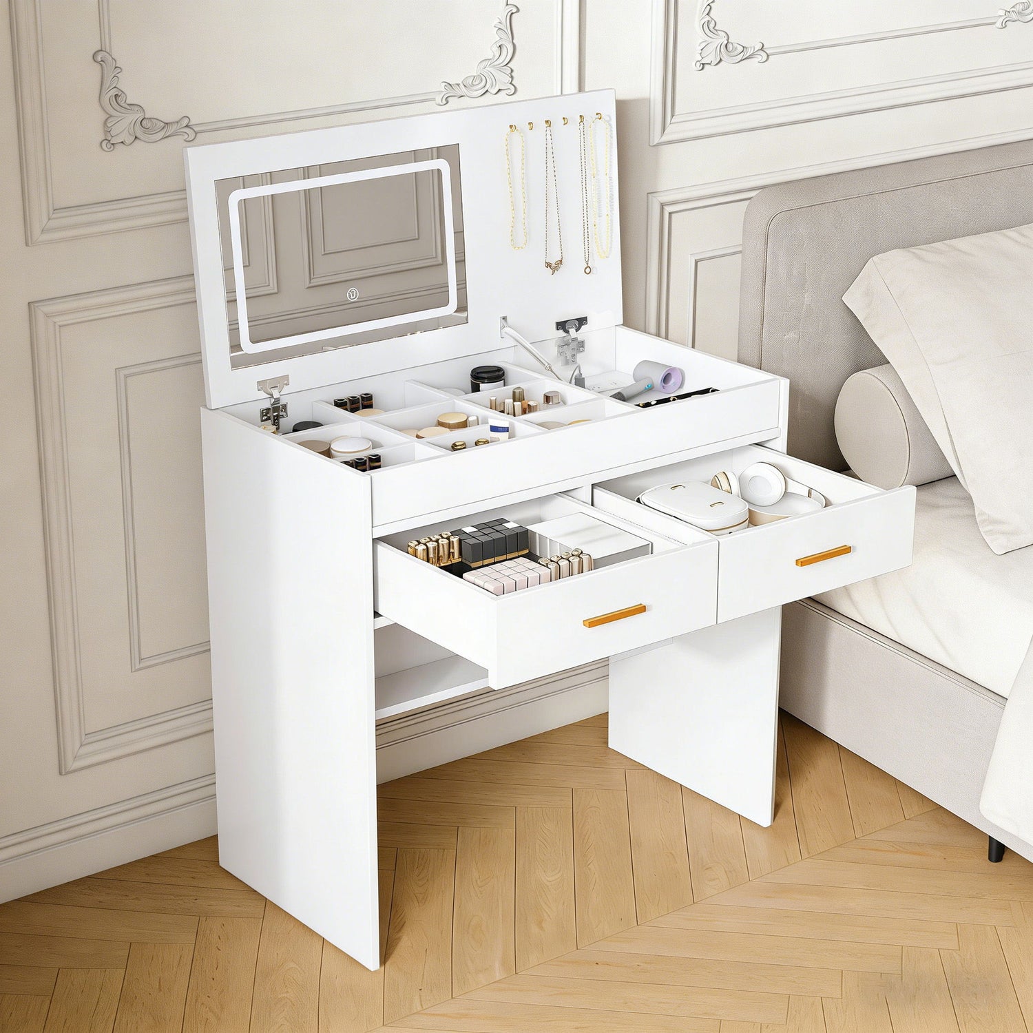 Flip Top Vanity Desk With LED Mirror &amp; Outlet Makeup Table With 2 Drawers, Open Storage, And Jewelry Hooks - White