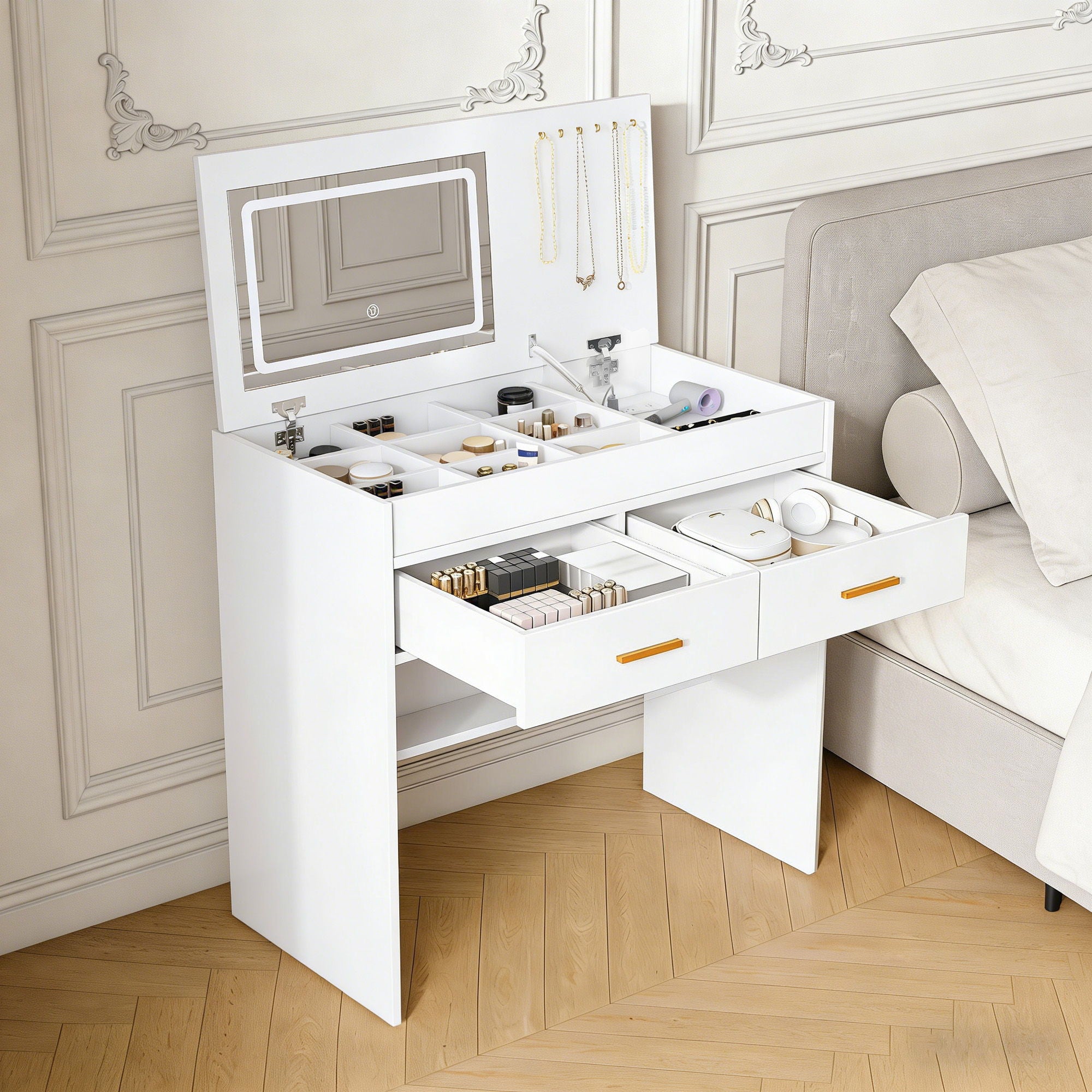 Flip Top Vanity Desk With LED Mirror &amp; Outlet Makeup Table With 2 Drawers, Open Storage, And Jewelry Hooks - White