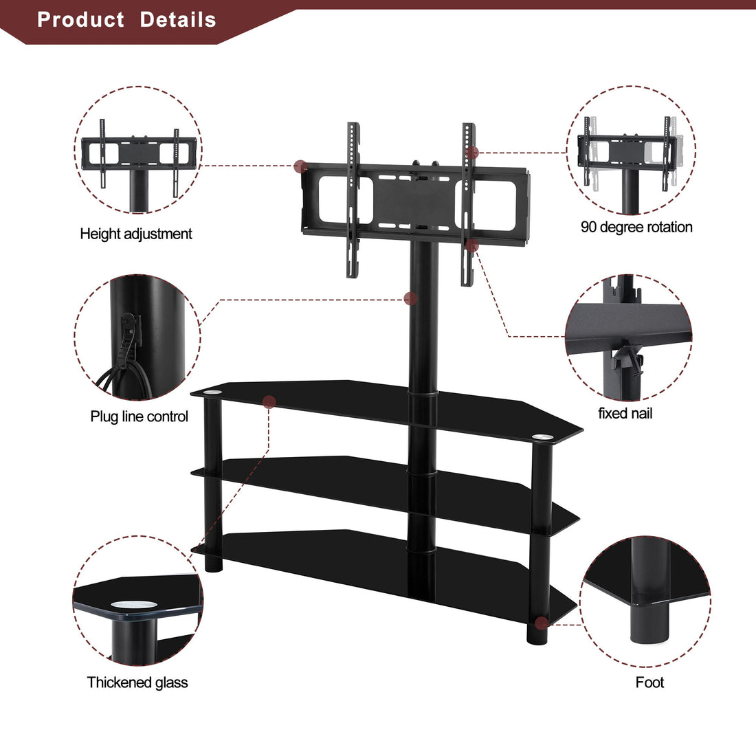43.3&quot; Multi-Function TV Stand Height Adjustable Bracket Swivel 3 Tier - Black