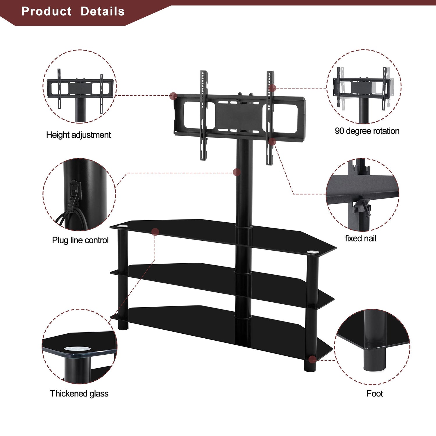 43.3&quot; Multi-Function TV Stand Height Adjustable Bracket Swivel 3 Tier - Black
