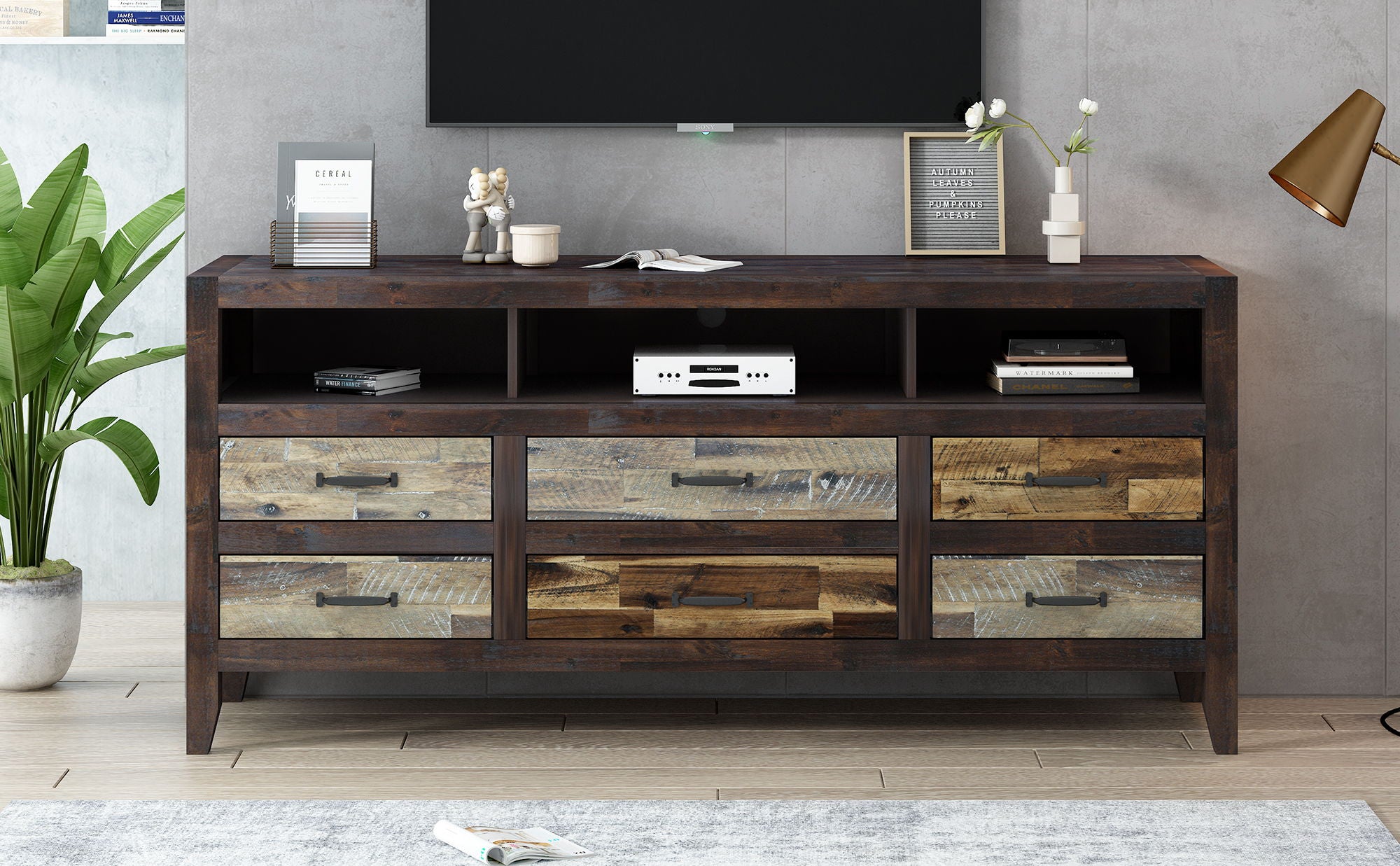 Retro Distressed Wooden TV Stand For TVs Up To 65&quot;, Entertainment Center Media Console With 6 Drawers And 3 Shelves For Living Room