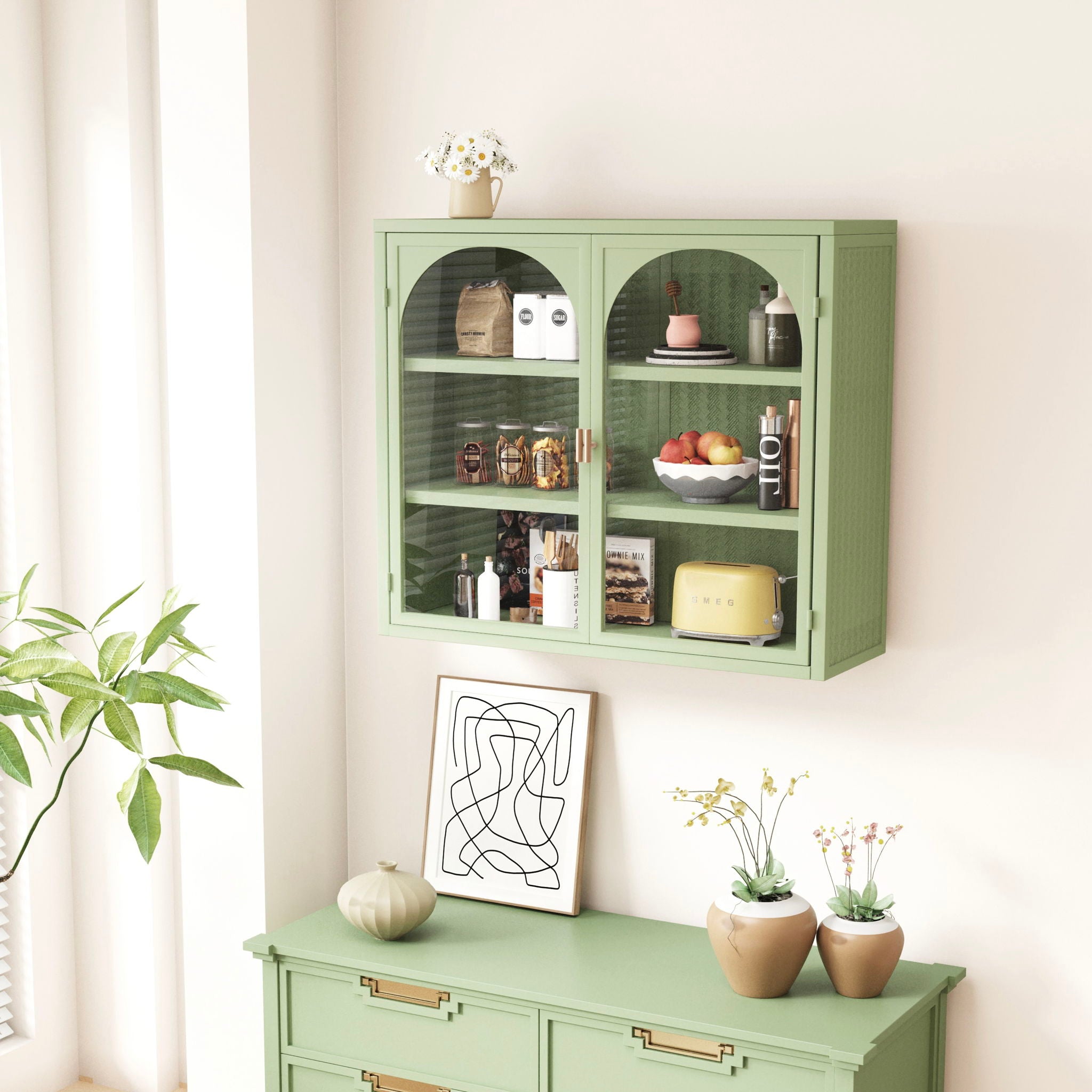 2 Door Wall Cabinet With 3 Tier Storage - Green