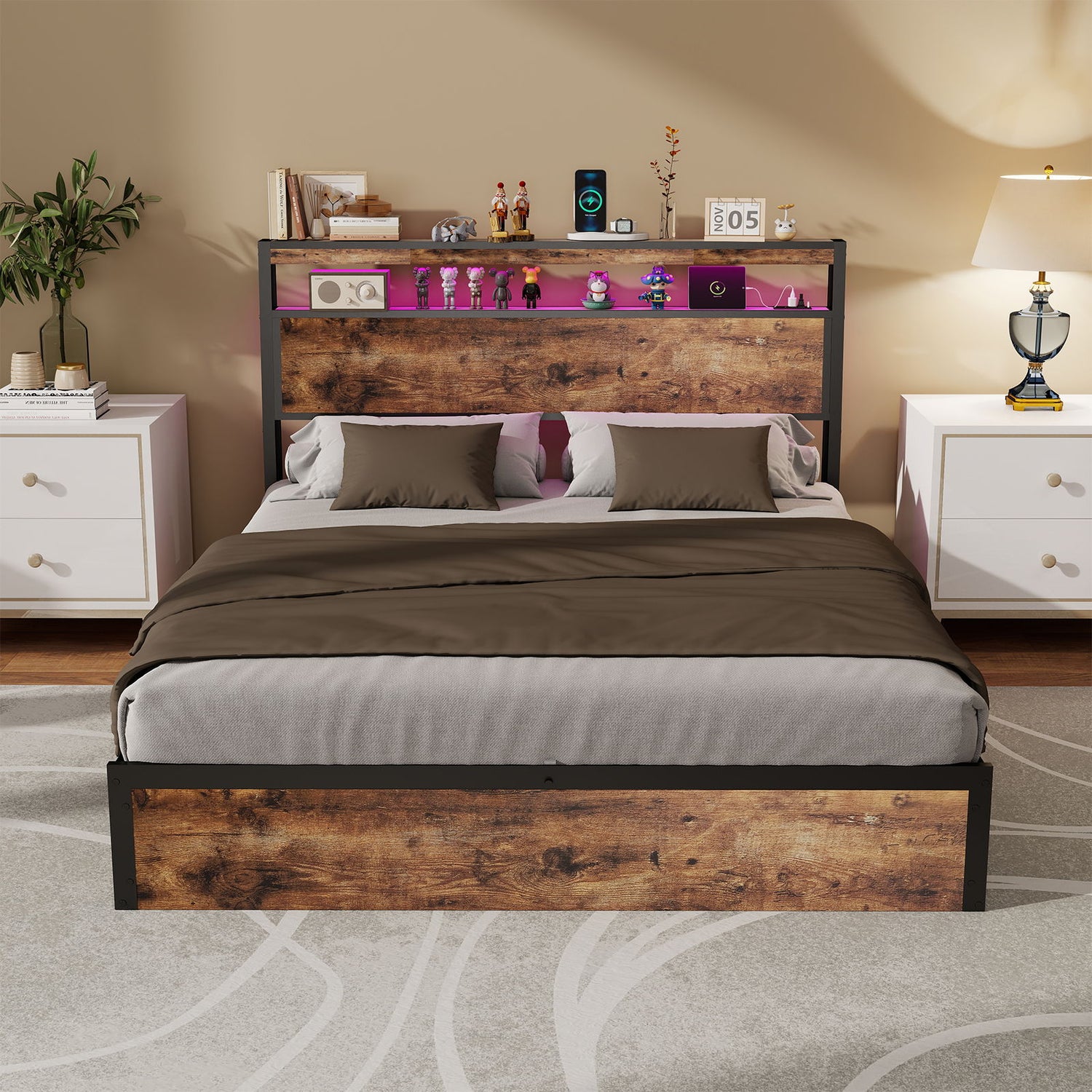 Frame With Hydraulic Lift Storage, RGB LED Lights &amp; Multi-Port Charging, No Box Spring Needed