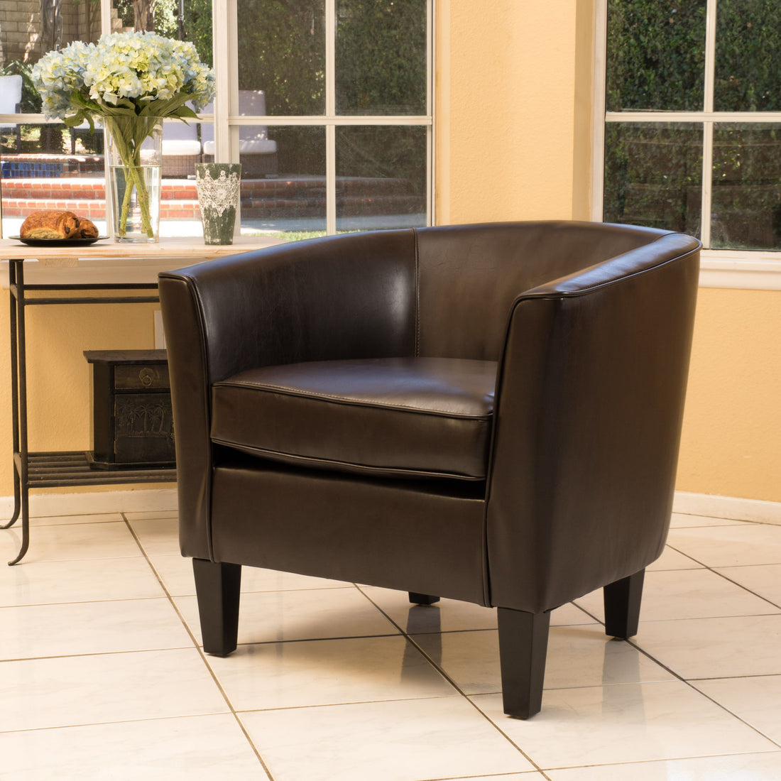 Upholstered Leather Club Chair With Flared Armrests - Brown