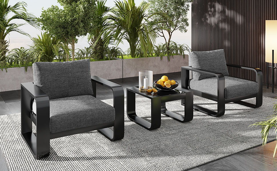 3 Piece Aluminum Frame Patio Furniture With 6.7&quot; Thick Cushion And Coffee Table, All Weather Use Olefin Fabric Outdoor Chair - Gray / Black