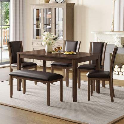 6 Piece Dining Table Set &amp; Bench And Chairs For Dining Room - Dark Walnut
