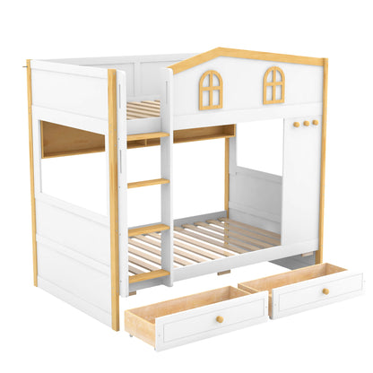 Twin Over Twin Bunk Bed With House Shaped Guardrails, Storage Shelves &amp; Drawers - White / Natural