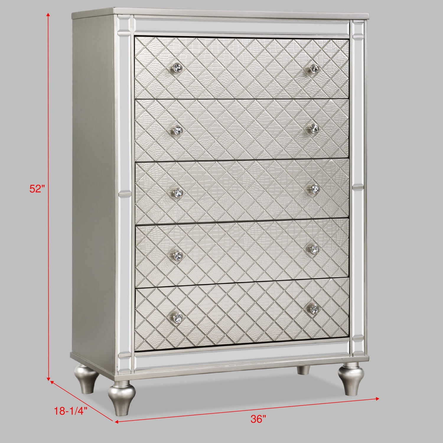 5 Drawer Bedroom Chest With Diamond Patterned Fronts - Silver