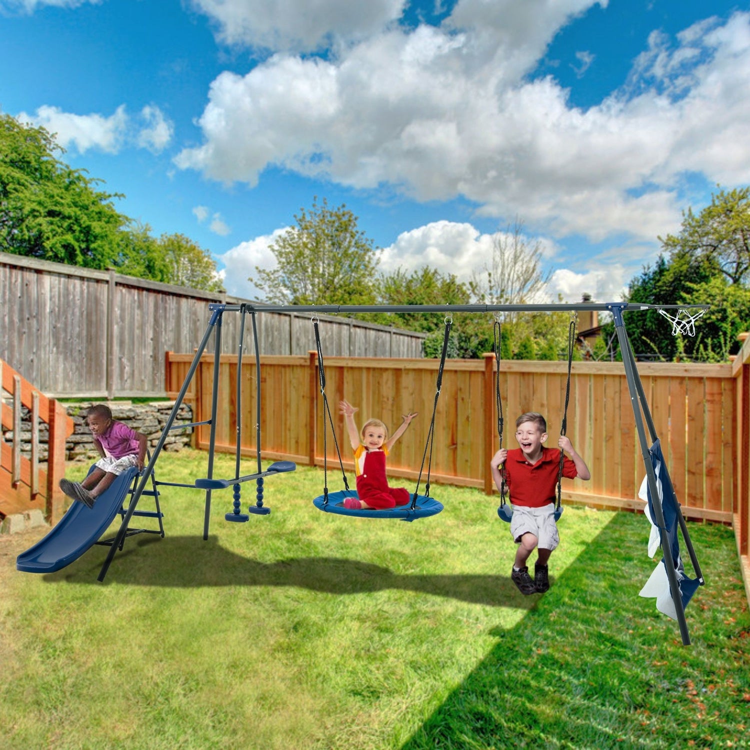 Interesting Six Function Swingset With Net Swing Metal Plastic Safe Swing Set 440Lbs For Outdoor Playground For Age 3+ With 31.5&quot; Net Swing - Gray / Blue
