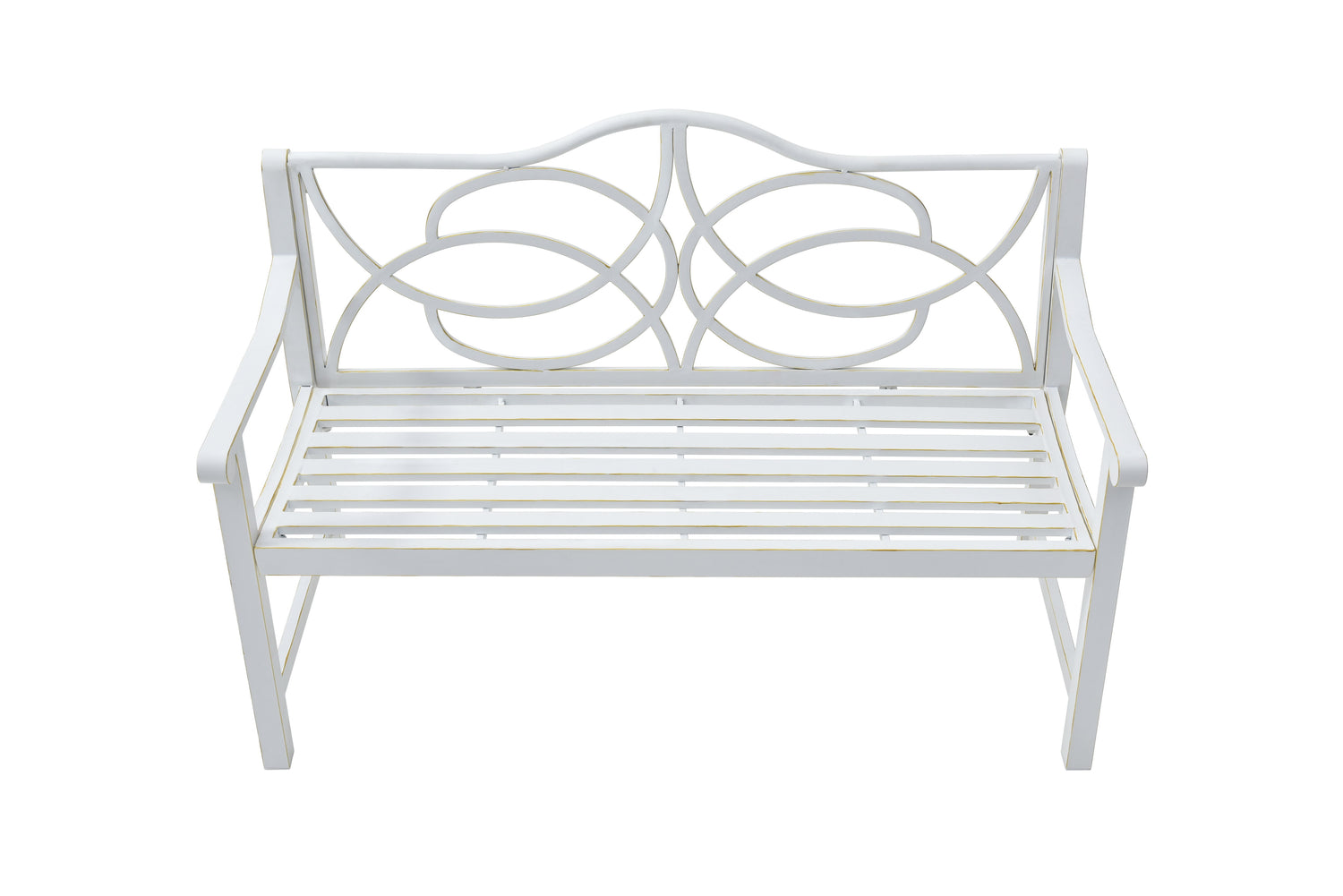 Outdoor Garden Patio Bench With Backrest And Armrest, Slatted Seat For Park, Yard &amp; Porch, Balcony, Accommodates 2 - 3 People - White