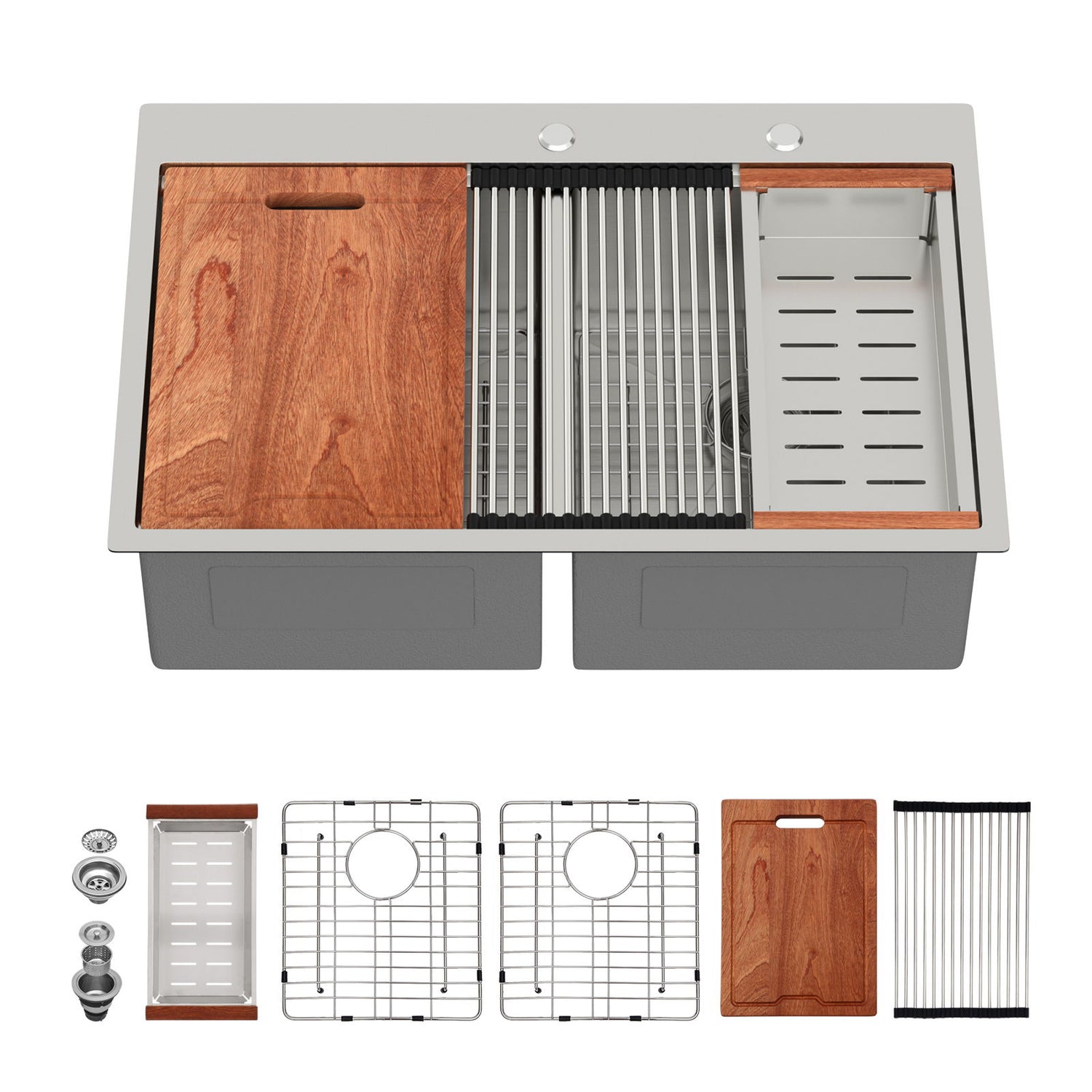 Topmount Drop In Kitchen Sink, Double Bowl 50 / 50 - Brushed Nickel