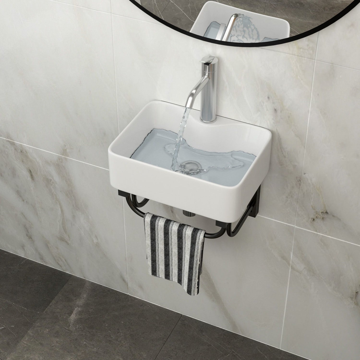 Rectangular Bathroom Sink With Towel Bar &amp; Faucet Hole, Wall Mounted - White