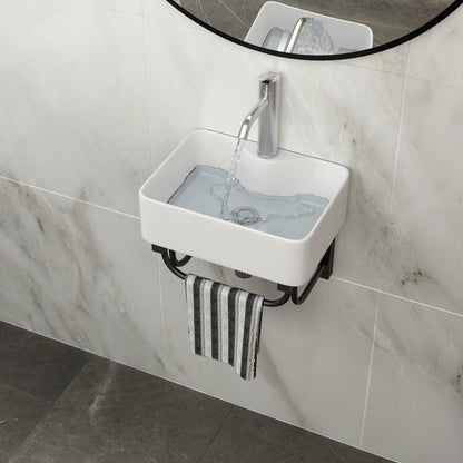 Rectangular Bathroom Sink With Towel Bar &amp; Faucet Hole, Wall Mounted - White
