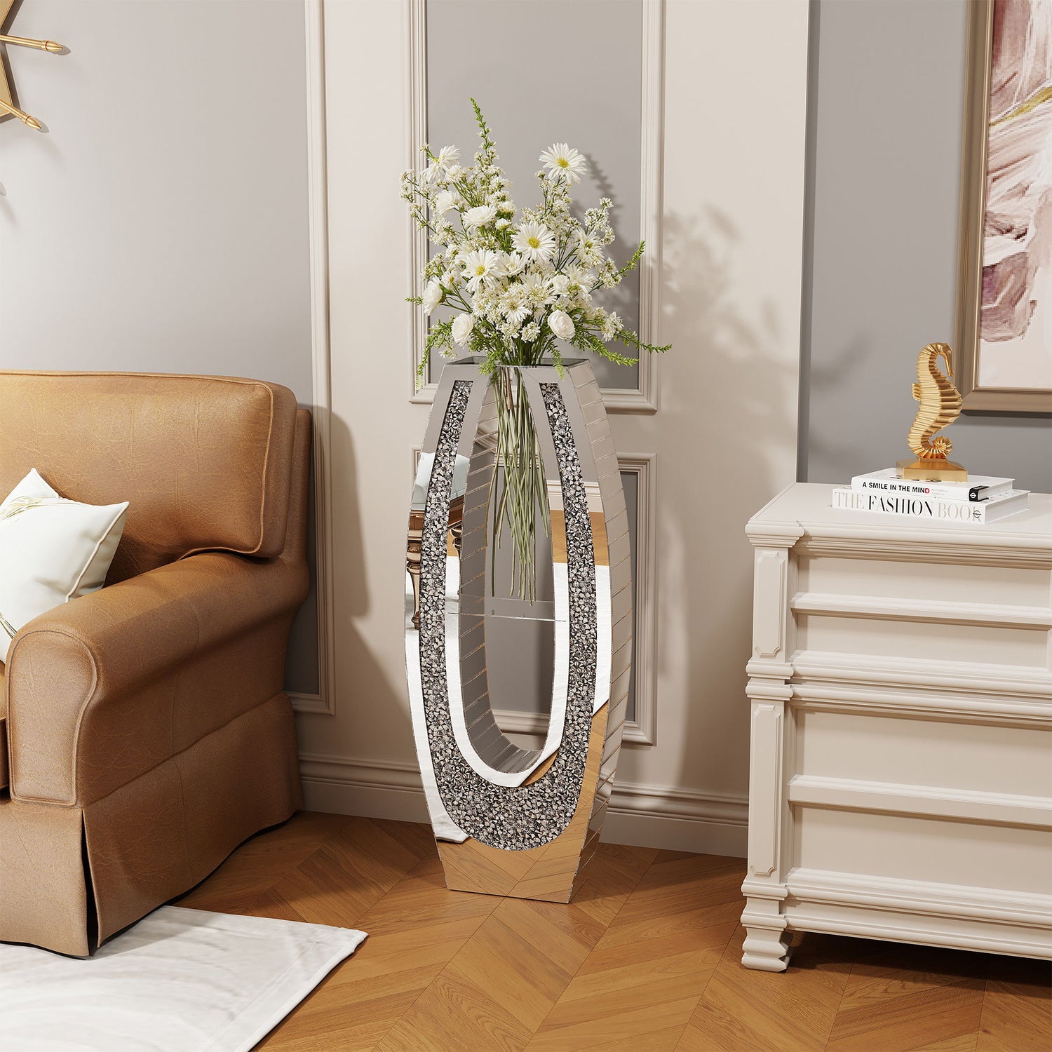 U - Shaped Floor Vase With Shattered Diamond Mirror Surface