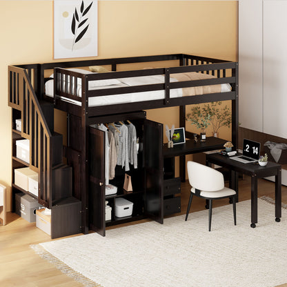 Loft Bed With Stairs, Bookshelf, Drawers, Desk &amp; Wardrobe, Space Saving Multifunctional Furniture