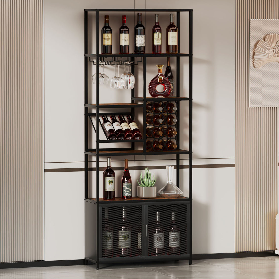 82.7&quot; Industrial Standing Wine Rack With Glass Rack Tall Freestanding Floor Bar Cabinet - Walnut / Black
