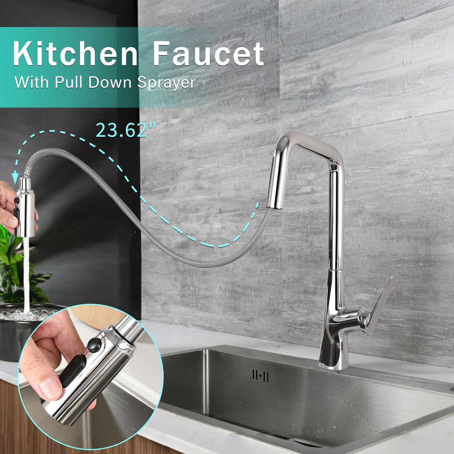 Professional Kitchen Faucet With 3 Function 360 Sprayer And 1 Touch Switching