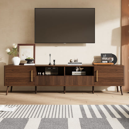 TV Stand For TVs Up To 85&quot; With Soft-Close Doors, Open Shelf, Cable Management - Walnut