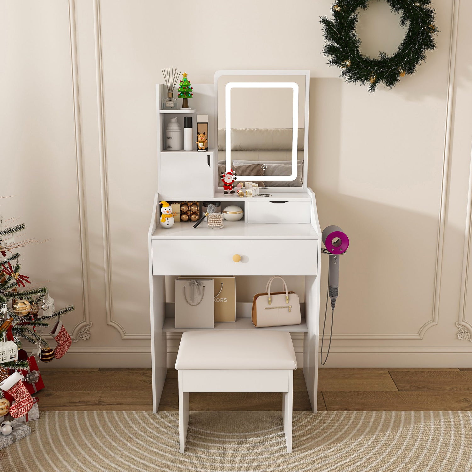 LED Vanity Mirror With Stool, 2 Drawers &amp; 5 Storage Cabinets, Adjustable Lighting Mdf Dressing Table For Bedroom - White