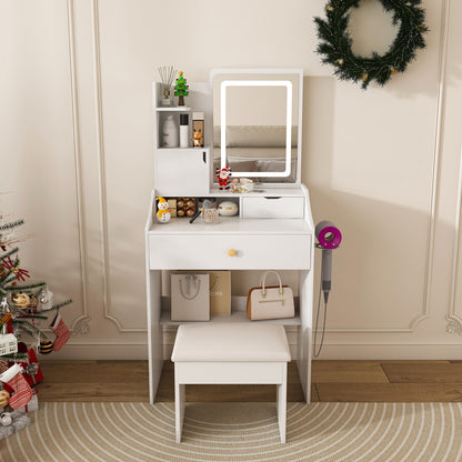 LED Vanity Mirror With Stool, 2 Drawers &amp; 5 Storage Cabinets, Adjustable Lighting Mdf Dressing Table For Bedroom - White