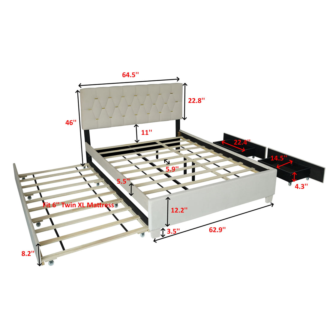 Queen Bed With Pull Out Trundle &amp; Storage Drawers, No Box Spring Required, Space Saving Design - Beige