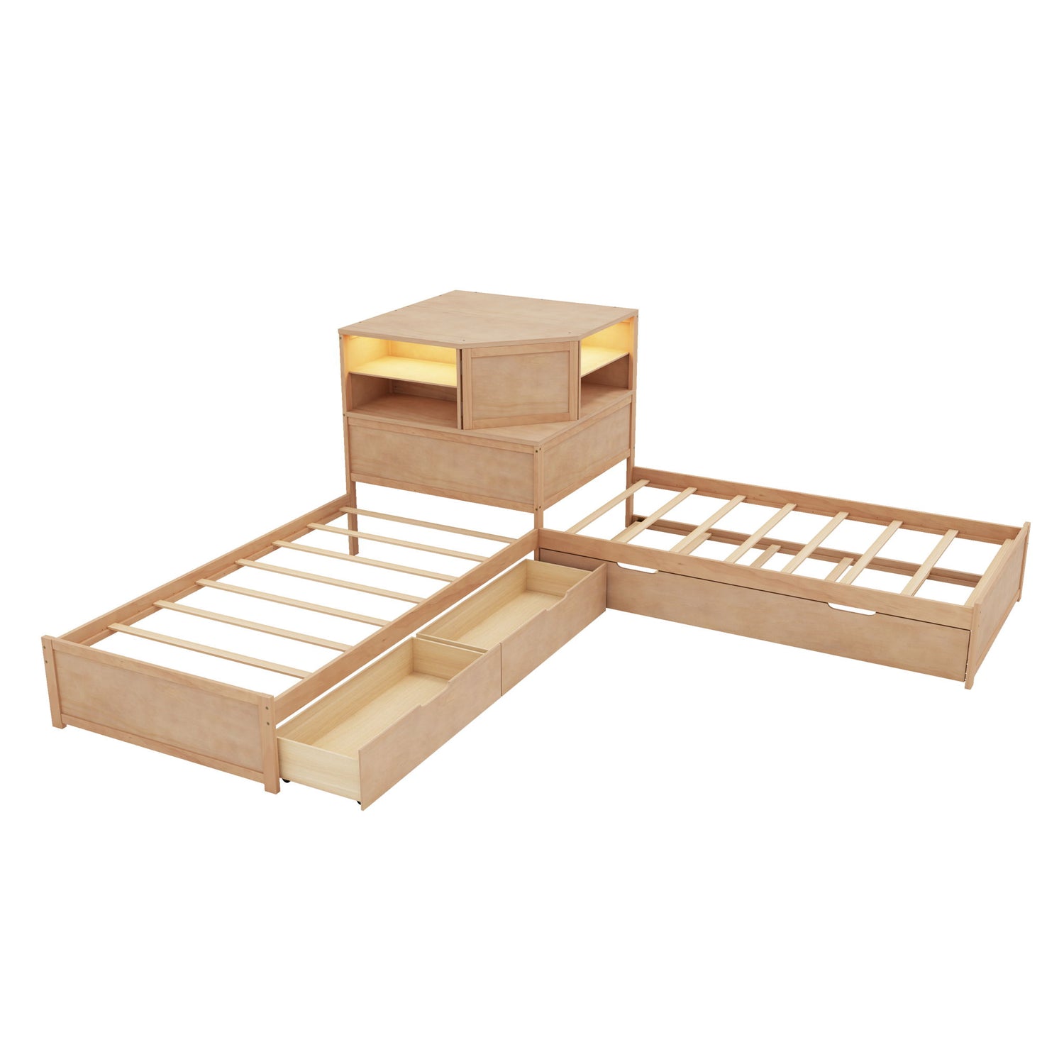 L-Shaped Bed Frame With Trundle, Built In Desk &amp; LED Lighting