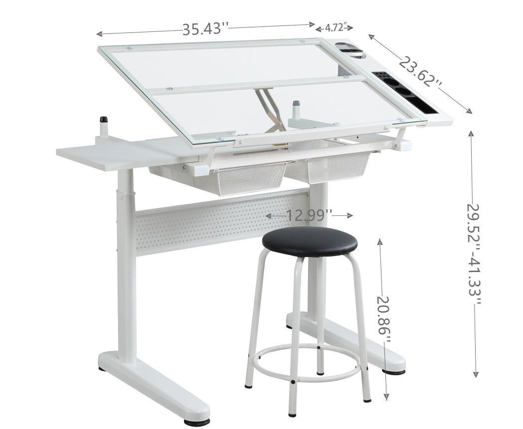 38.18&quot; Hand Crank Adjustable Drafting Table Drawing Desk With 2 Metal Drawers With Stool