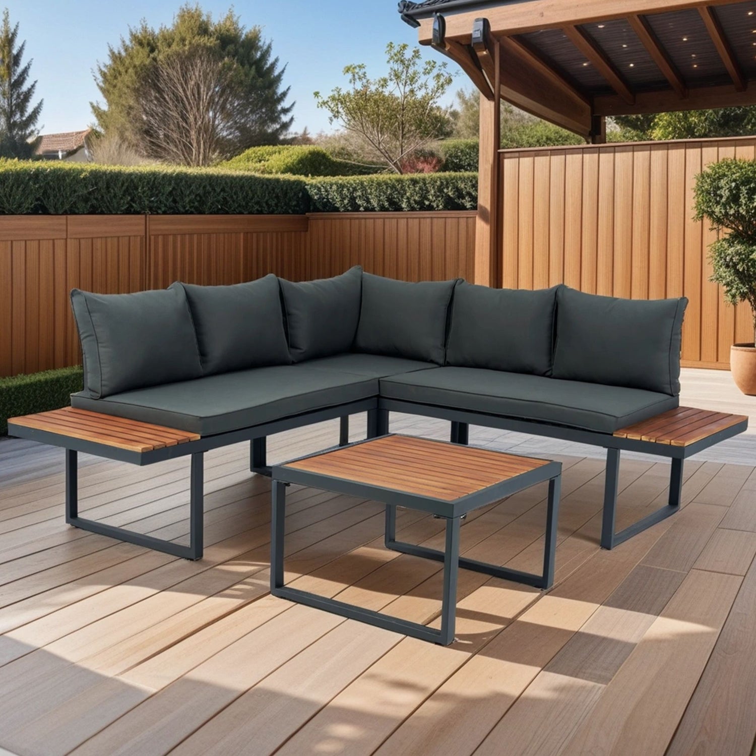 4 Piece L-Shaped Patio Wicker Outdoor 5 Seater Sectional Sofa Seating Group Conversation Sets With Side Table &amp; Cushions - Dark Gray