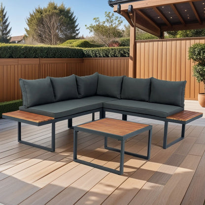 4 Piece L-Shaped Patio Wicker Outdoor 5 Seater Sectional Sofa Seating Group Conversation Sets With Side Table &amp; Cushions - Dark Gray