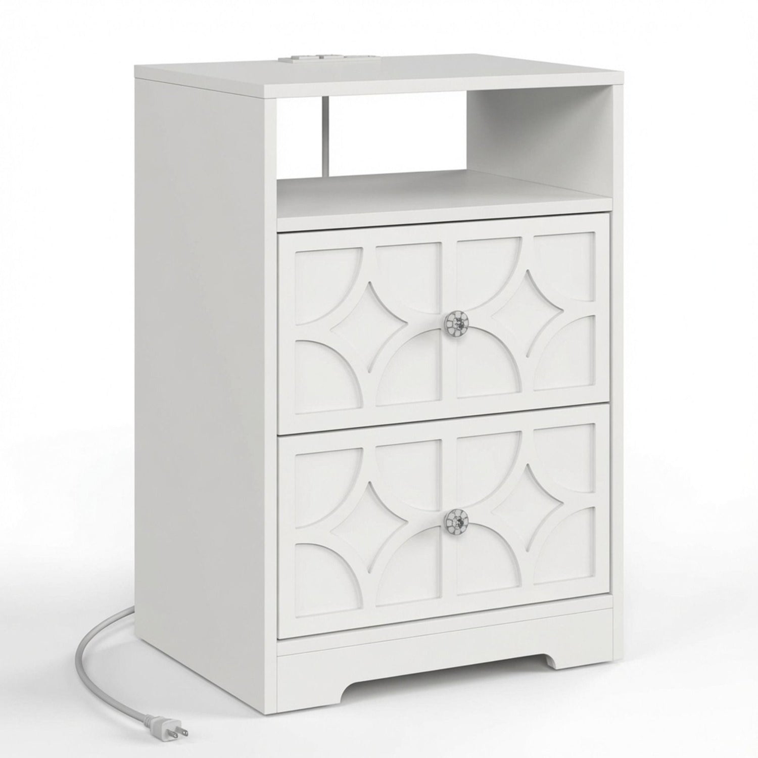 Nightstand With Diamond Carvings Handles, 2 Drawers &amp; Charging Station