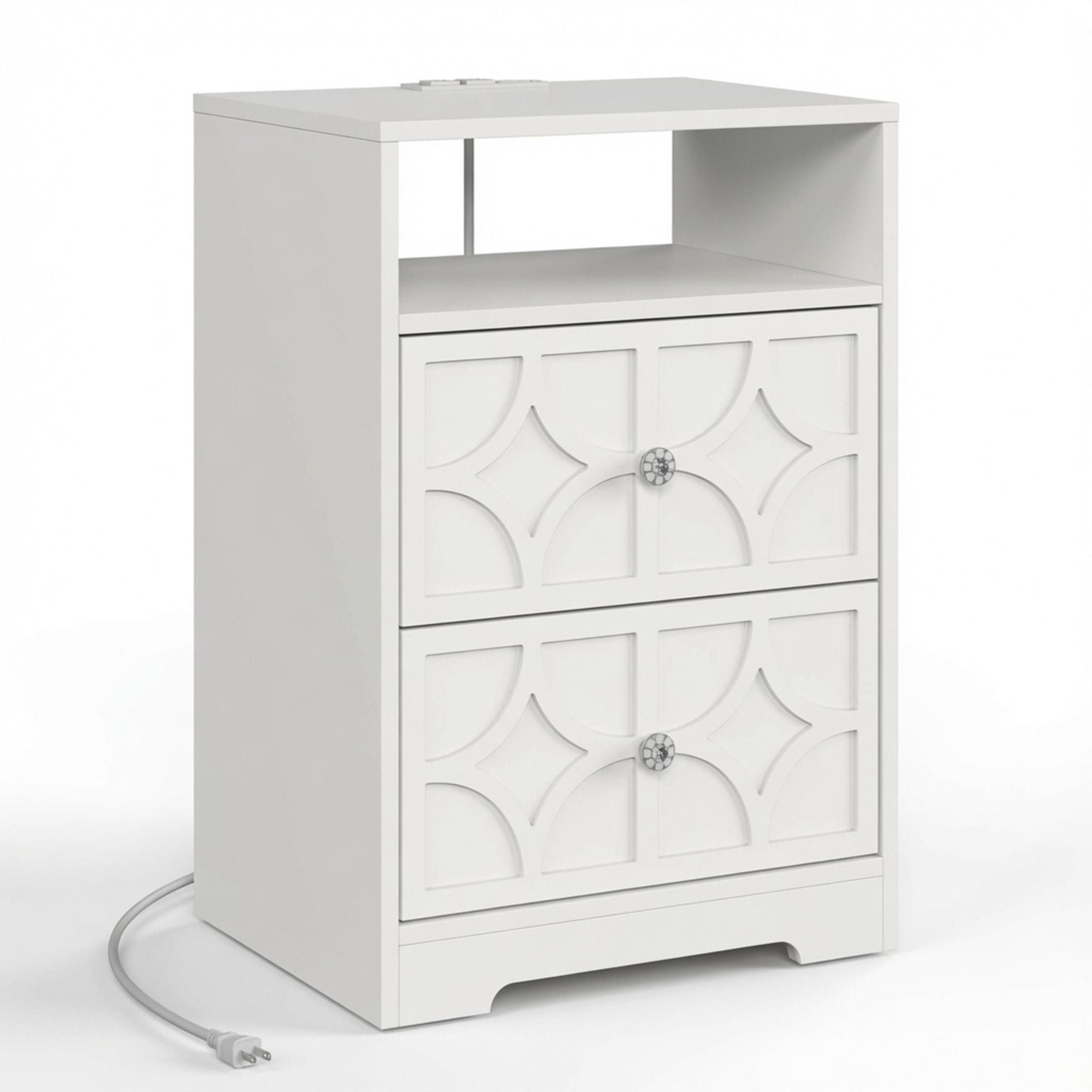 Nightstand With Diamond Carvings Handles, 2 Drawers &amp; Charging Station