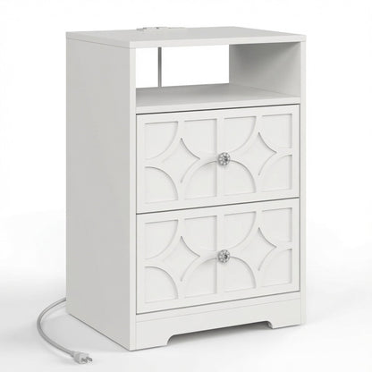 Nightstand With Diamond Carvings Handles, 2 Drawers &amp; Charging Station