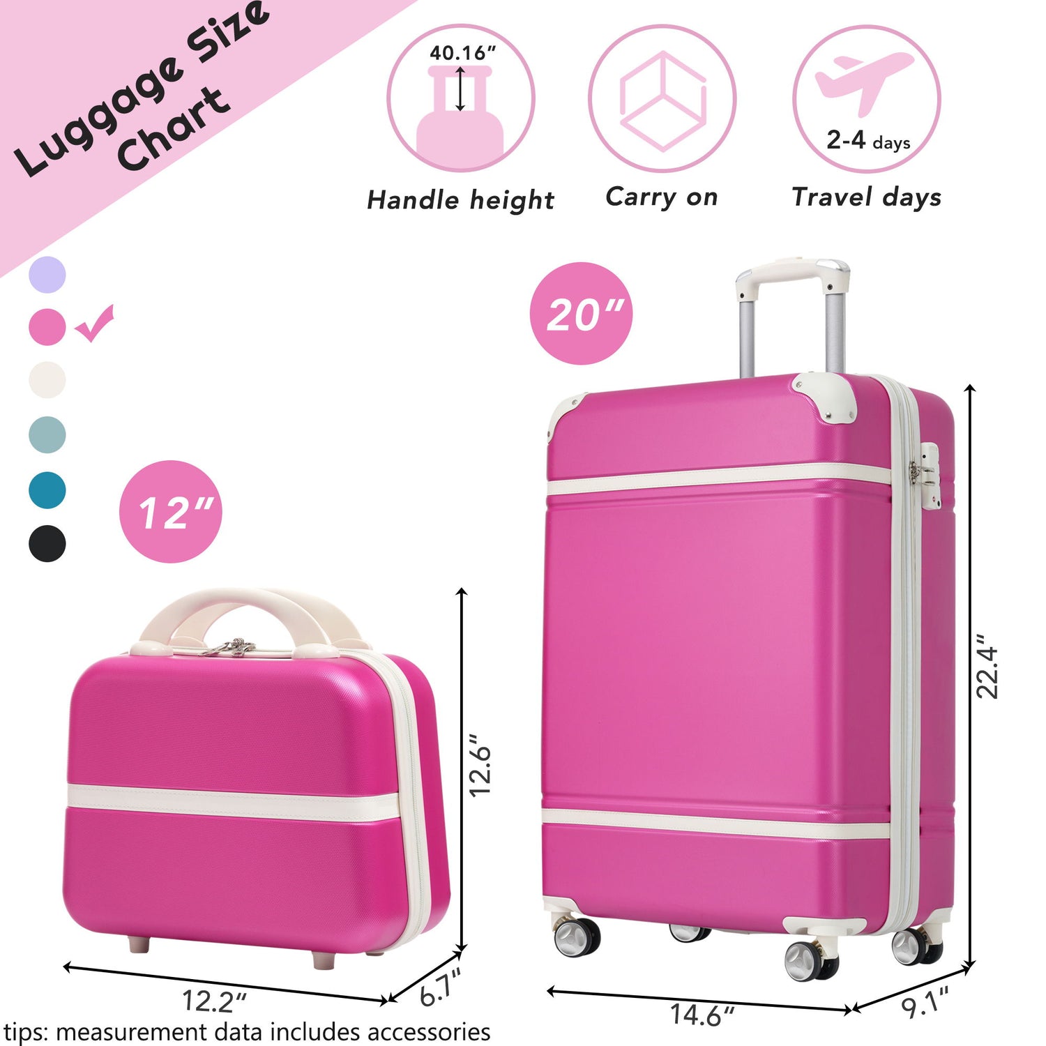 20&quot; Hardside Luggage With Cosmetic Case, 2 Piece Lightweight Suitcase Set With Spinner Wheels, Carry On Vintage Luggage