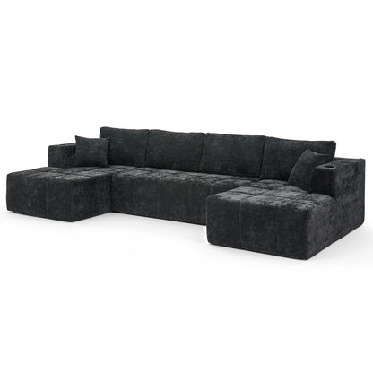 U - Shaped Sectional Sofa, Cup Holders &amp; Side Pockets For Living Room