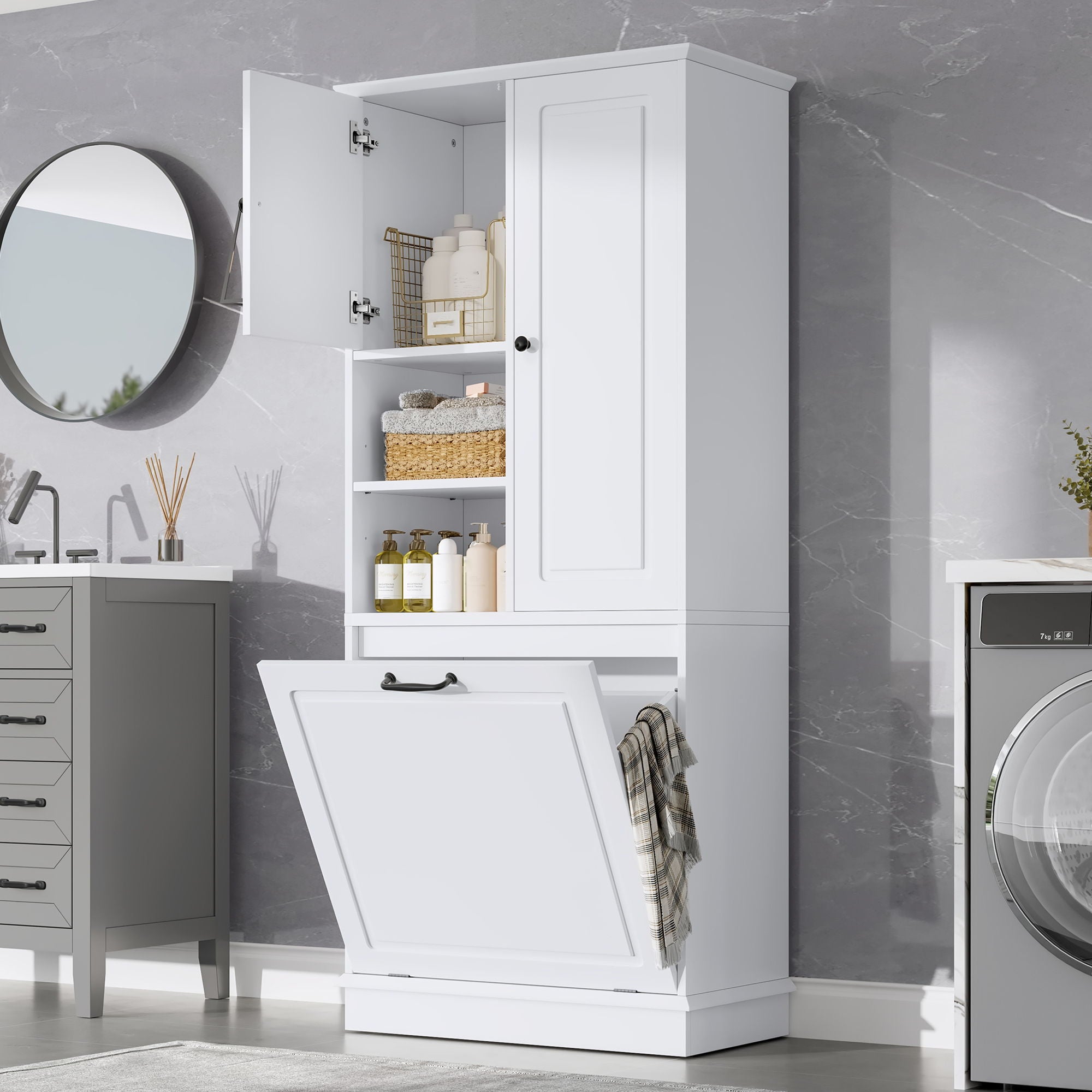 Modern Tall Storage Cabinet With Adjustable Shelves, Flip-Out Basket &amp; Enclosed Doors
